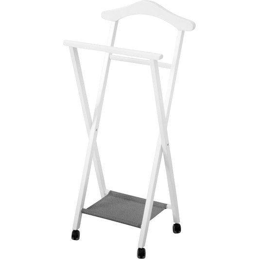 Valet de nuit, pliante, composée d'un cintre, d'un porte-pantalon et d'une tablette à chaussures en textilène, blanche