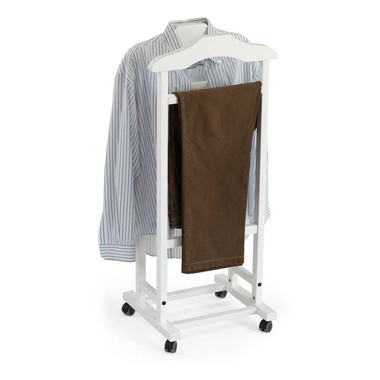 Valet de nuit, Composé de 2 cintres, d'un porte-pantalon, d'une tablette de rangement et d'un porte-jupes, blanche laqué