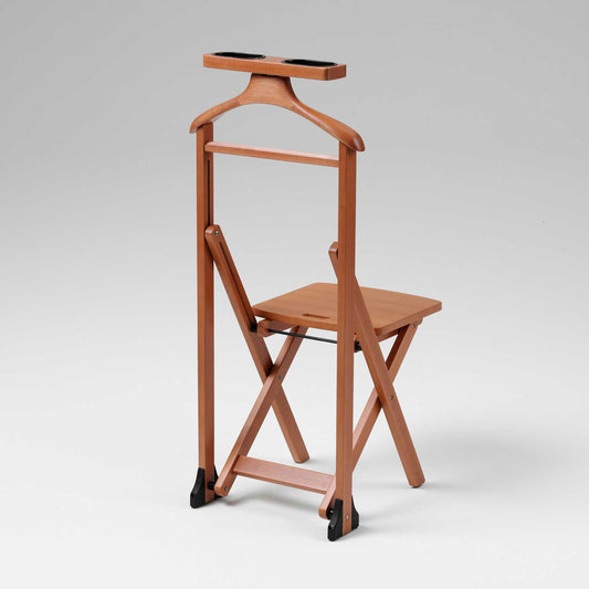 Valet de nuit DUKA , Chaise/Valet de nuit, cintre, porte-pantalon, tablette de rangement, Siège en hêtre massif, cerise