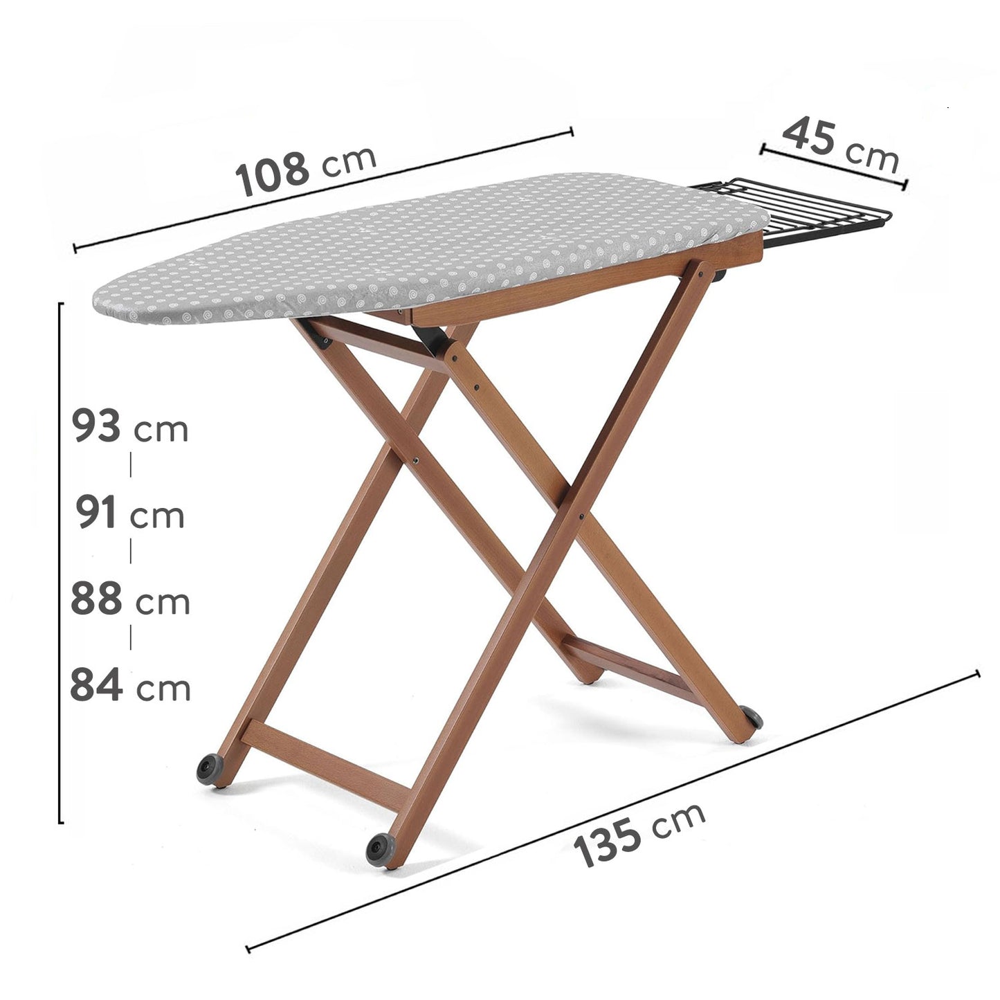 Table à repasser STIROLIGHT, hauteur réglable : 84-88-91-93 cm, roulettes à la base, repose-fer coulissant - Couleur Cerise, ARIT, 3