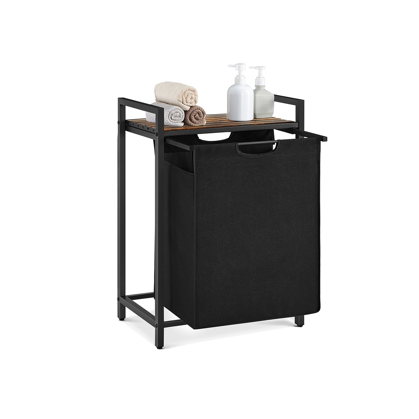 Panier à Linge Pliable, Panier Linge Bois, Sac à Linge Coulissant et Amovible, Etagère, 65L, Marron et Noir, VASAGLE, 10