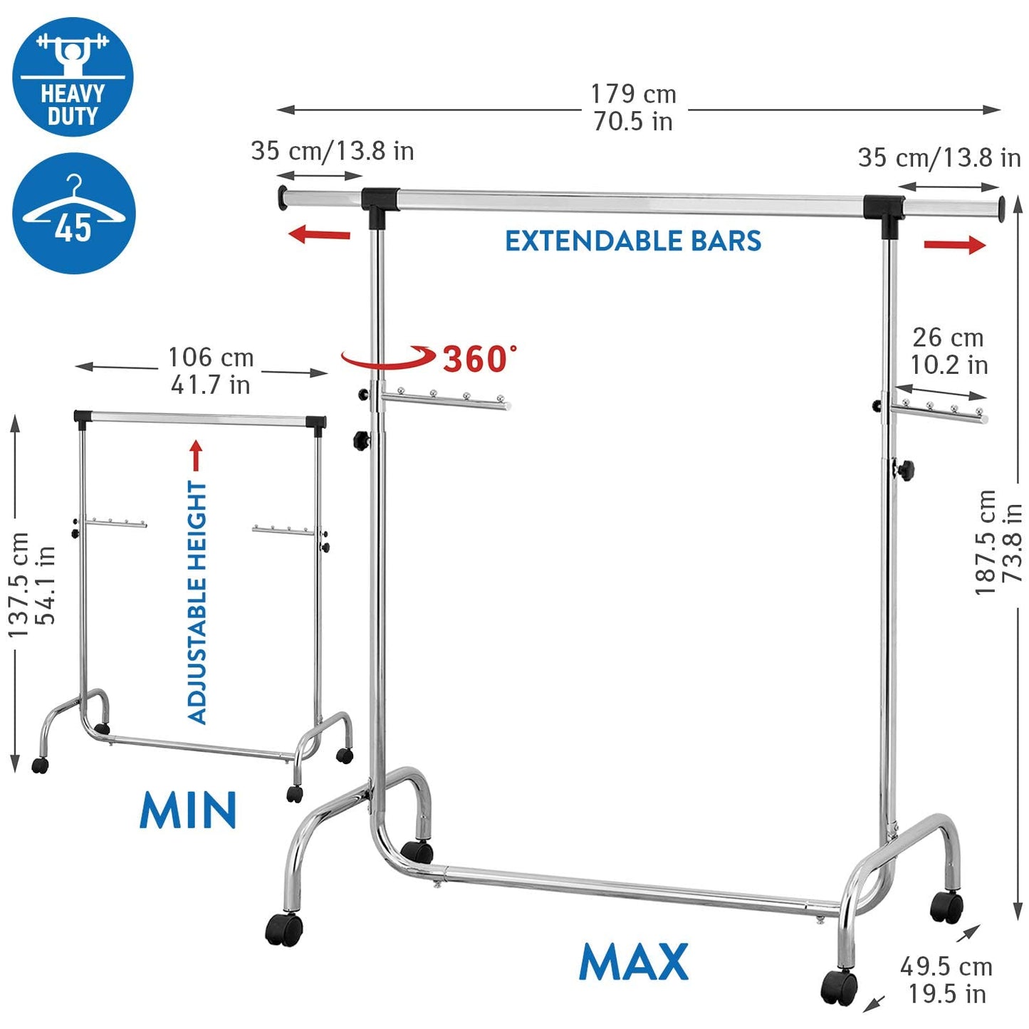 Tatkraft Falcon - Portant Robuste pour Vêtements en Acier, Penderie sur 4 Roues, Réglable en Largeur et Hauteur, 45 cintres