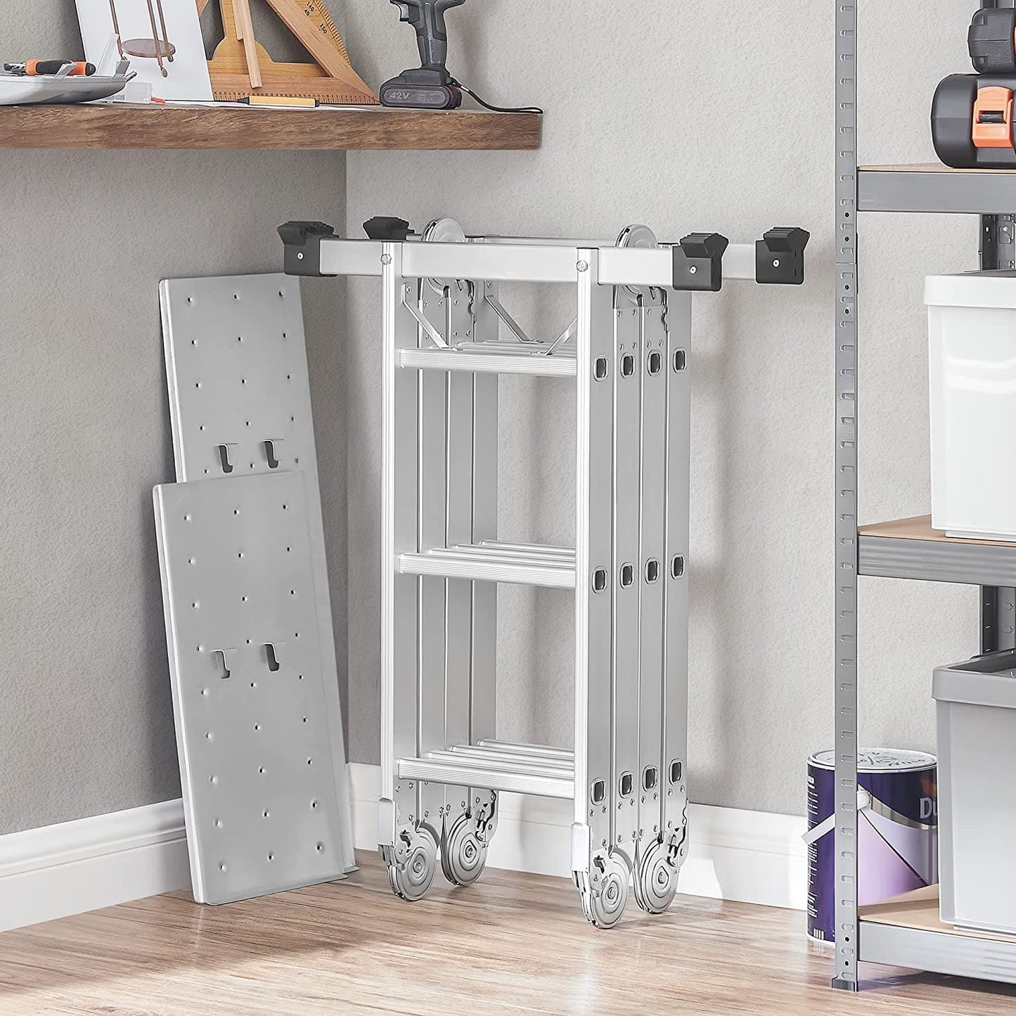 Échelle polyvalente, 12 marches avec 2 plaques d'échafaudage, échelle en aluminium, Pliable - SONGMICS