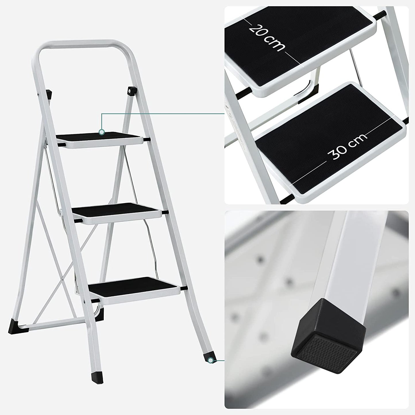 Escabeau, Marches antidérapantes, Longueur de pas - 30 cm, Largeur de pas - 20 cm