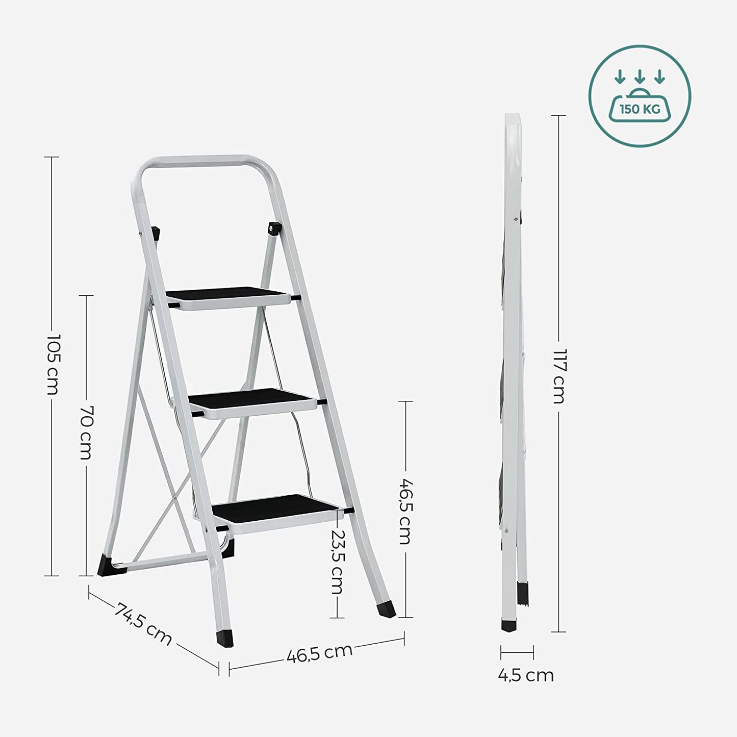 Escabeau pliant, H - 150 cm, L- 46,5 cm, P - 74,5 cm, Épaisseur pliée - 4,5 cm - SONGMICS