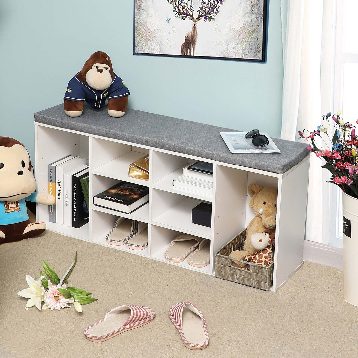 VASAGLE - Banc à Chaussures, Étagère à Chaussures, Meuble de Rangement, 10 Compartiments, avec Coussin, pour Entrée, Blanc