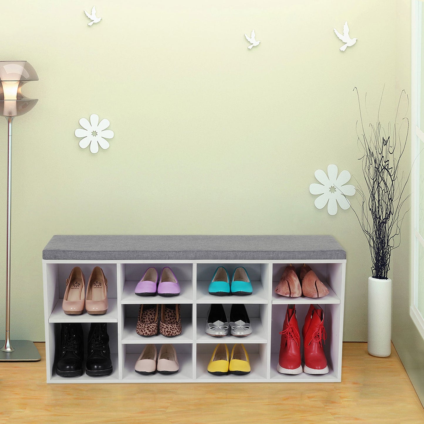 VASAGLE - Banc à Chaussures, Étagère à Chaussures, Meuble de Rangement, 10 Compartiments, avec Coussin, pour Entrée, Blanc