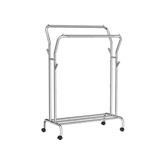 Portant à Vêtements, avec Roulettes, Double Barre, Porte-manteau, Porte Vetement Chambre, Charge 100 kg, Argent, SONGMICS, 2