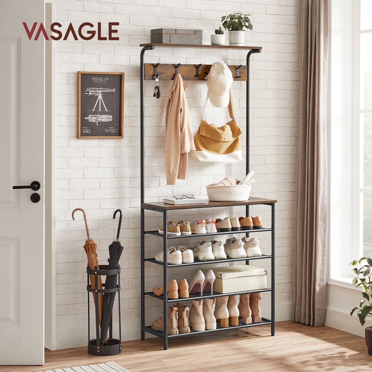 Porte-Manteau sur Pieds, Meuble Entrée, Vestiaire Industriel, avec Étagères à Chaussures 5 Niveaux, 5 Crochets, VASAGLE, 2