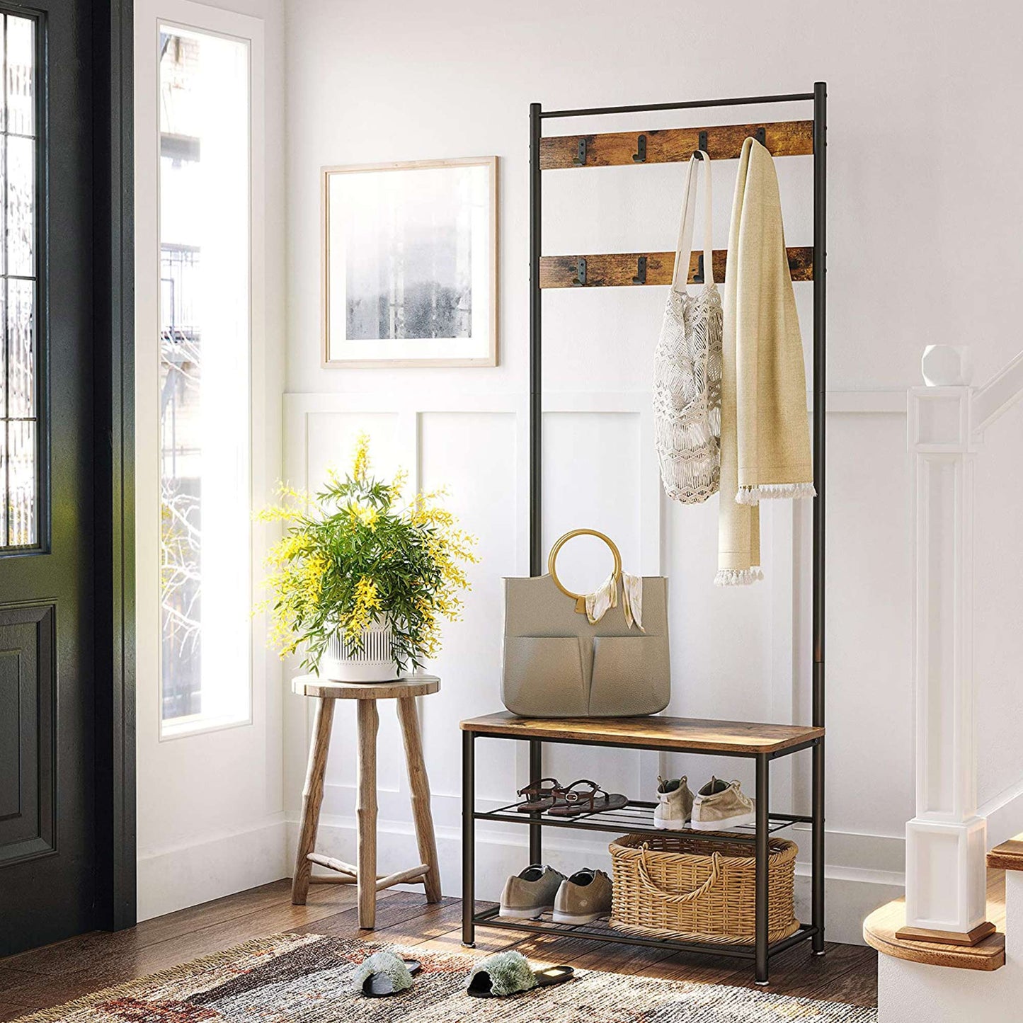 Porte-manteau avec Étagère à Chaussures, Meuble d’Entrée avec Banc, 3-en-1, Cadre en Acier, pour Entrée, VASAGLE, 5