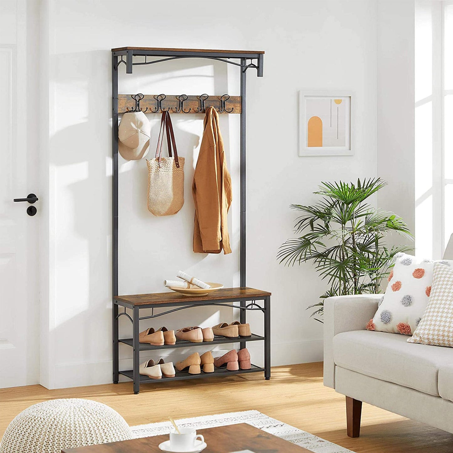 Porte-Manteau, Meuble d'entrée, avec Étagère à chaussures, Banc et Crochets, Armature en métal mat, VASAGLE, 3