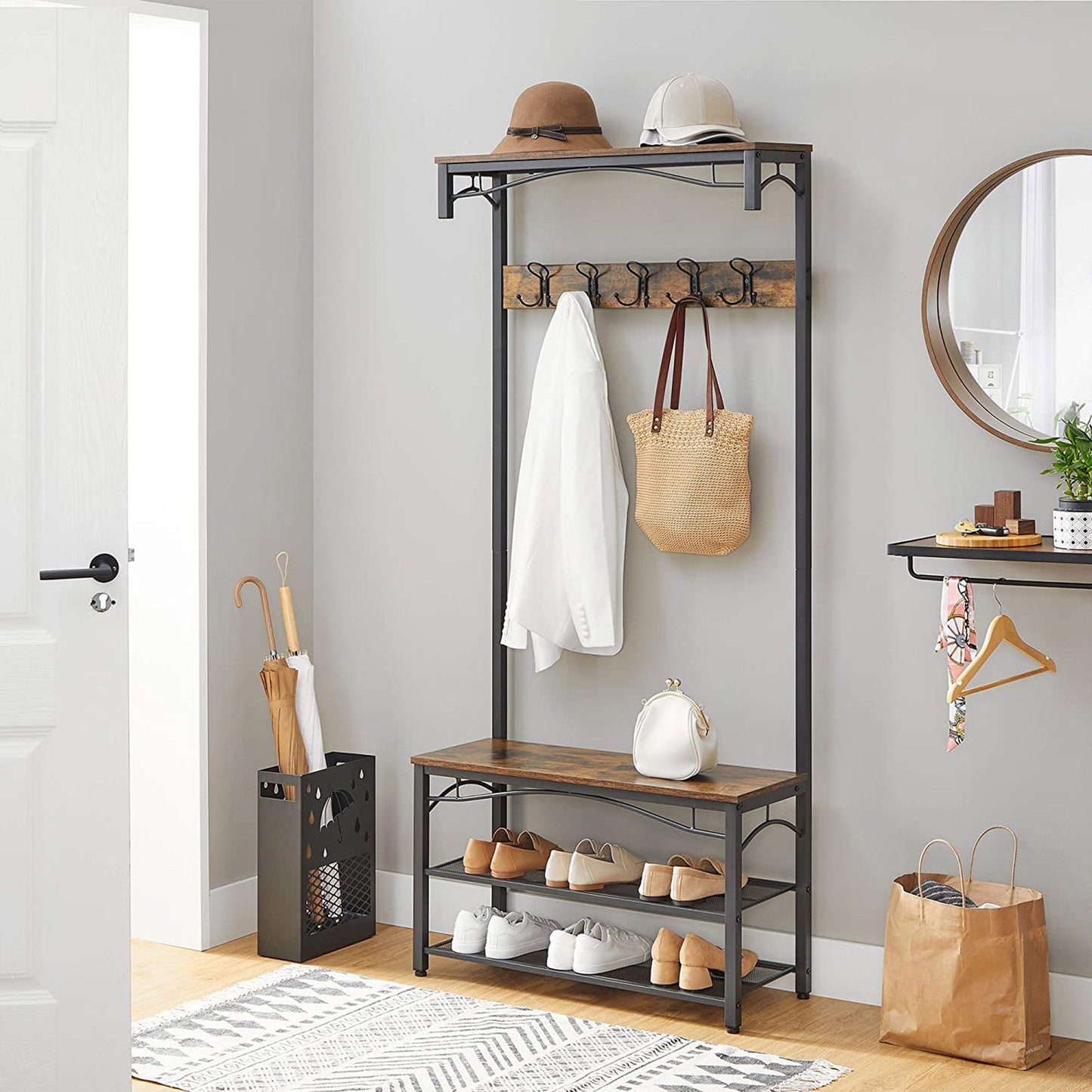 Porte-Manteau, Meuble d'entrée, avec Étagère à chaussures, Banc et Crochets, Armature en métal mat, VASAGLE, 2