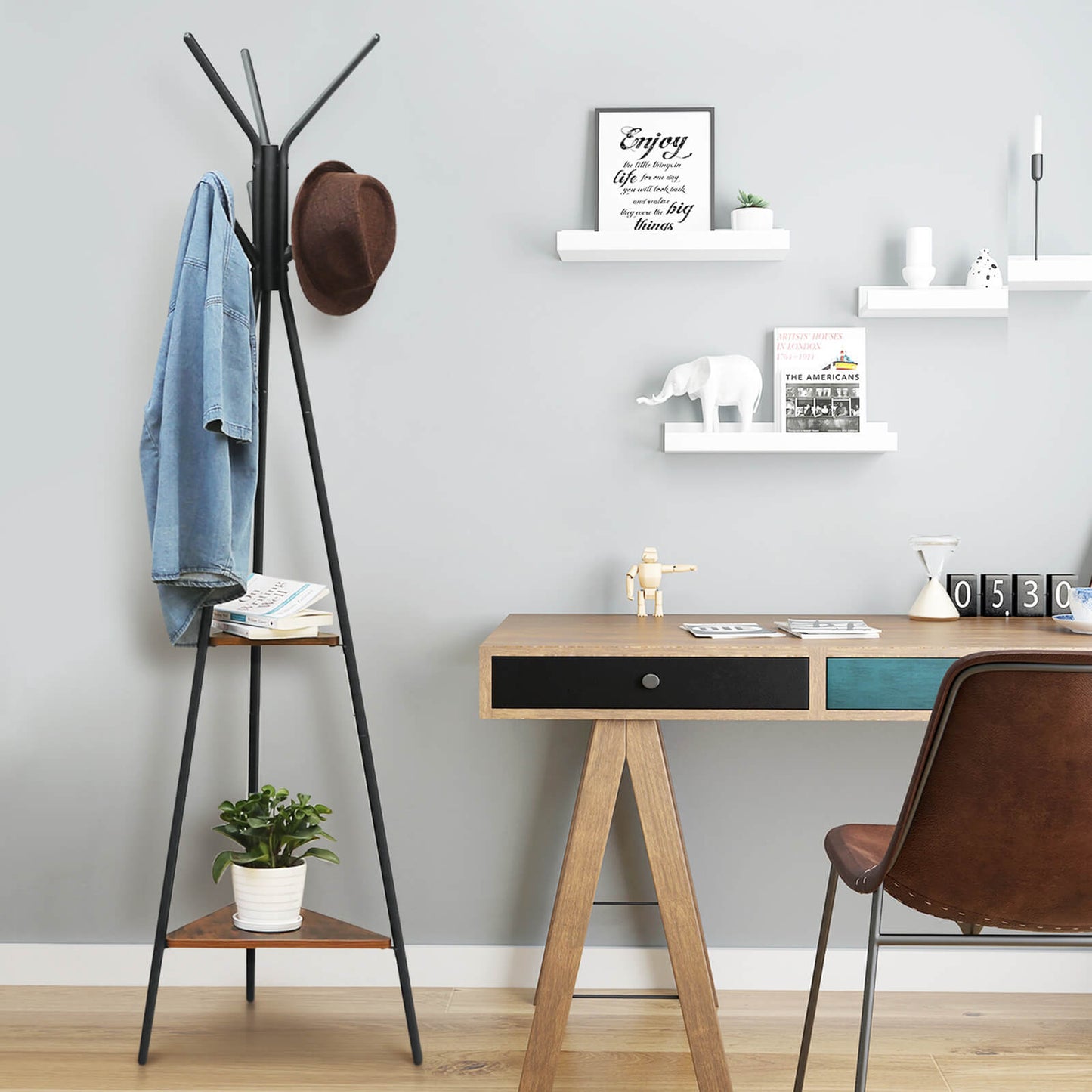 Porte-Manteau sur Pieds au Style Rustique, Portant, Meuble d’entrée, Style Industriel, avec 2 étagères, VASAGLE, 9