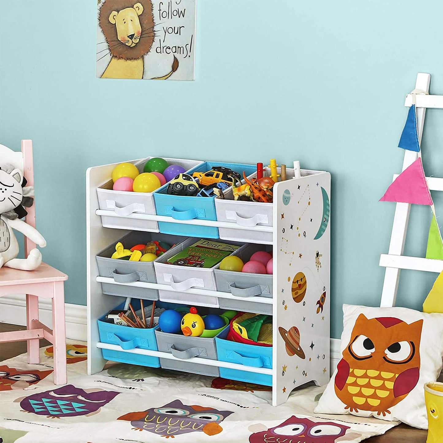 Étagère de Rangement Enfant pour Jouets et Livres, 9 Boîtes Amovibles Tissu Non-tissé, Salle de Jeux, 7
