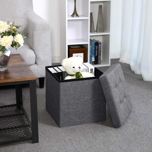 Pouf Coffre de Rangement Pliable Tissu en Lin Chargement Max. de 300 kg Gris foncé 38 x 38 x 38 cm, SONGMICS, 1