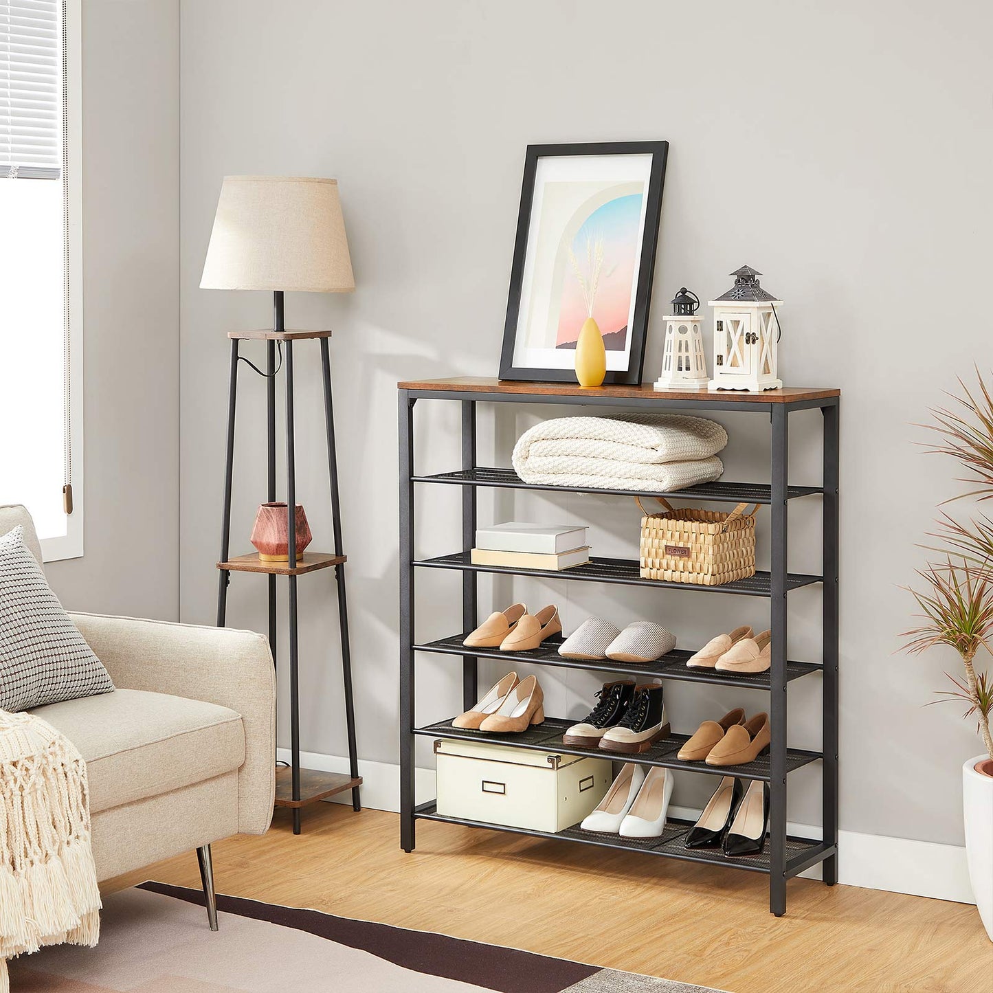 Étagère à Chaussures, Porte-Chaussures, Meuble de Rangement, 5 étagères grillagées et 1 Dessus, pour entrée, Dressing, VASAGLE, 3