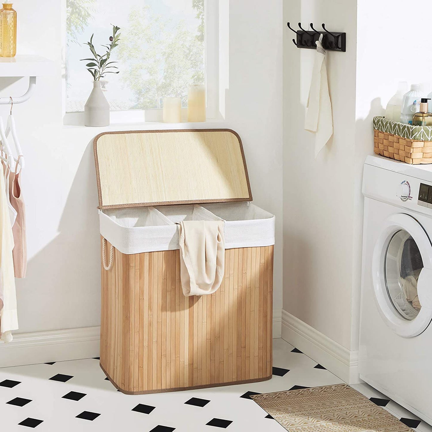 Panier à Linge 150L, Corbeille Linge Sale 3 Compartiments de Tri, Couvercle en Bambou, Poignées, Pliable, SONGMICS