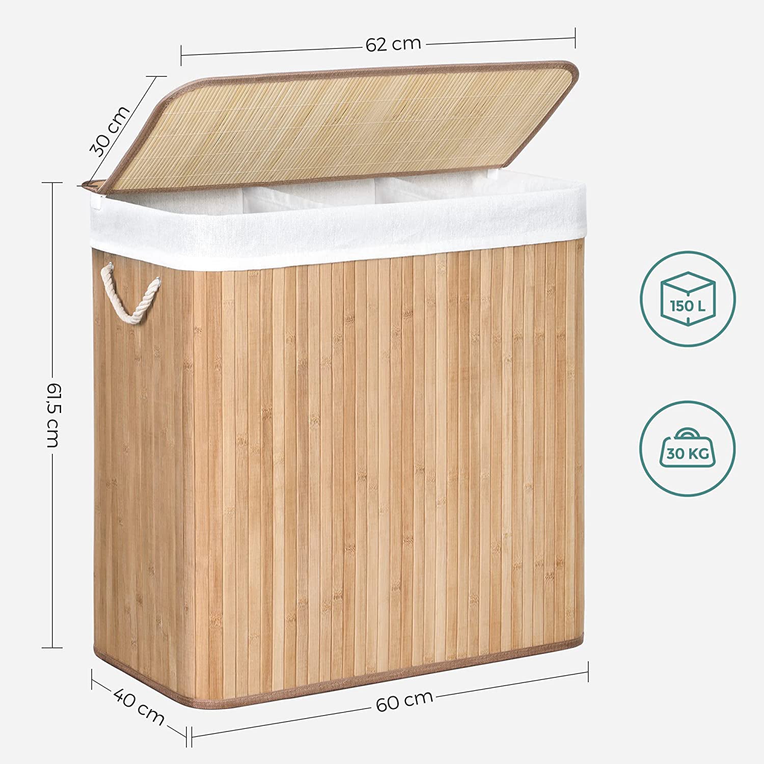 Panier à Linge 150L, Corbeille Linge Sale 3 Compartiments de Tri, Couvercle en Bambou, Poignées, Pliable, SONGMICS, 3