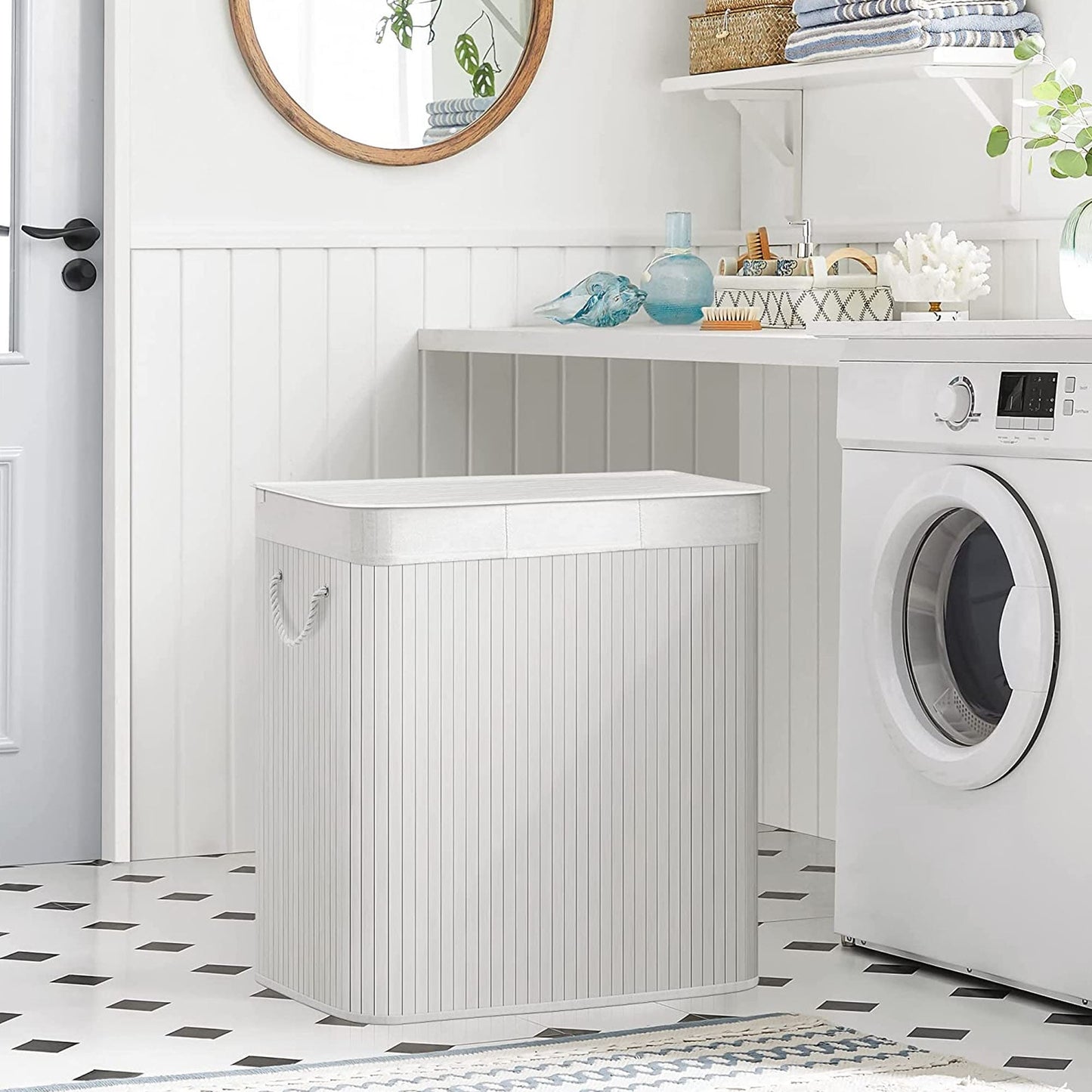 Panier à Linge 150L, Corbeille Linge Sale 3 Compartiments de Tri, Couvercle en Bambou, Poignées, Pliable, SONGMICS