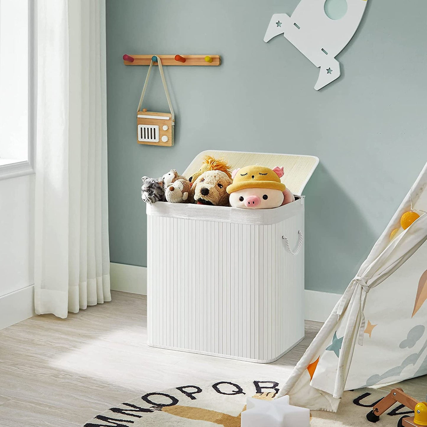 Panier à Linge 150L, Corbeille Linge Sale 3 Compartiments de Tri, Couvercle en Bambou, Poignées, Pliable, SONGMICS, 2