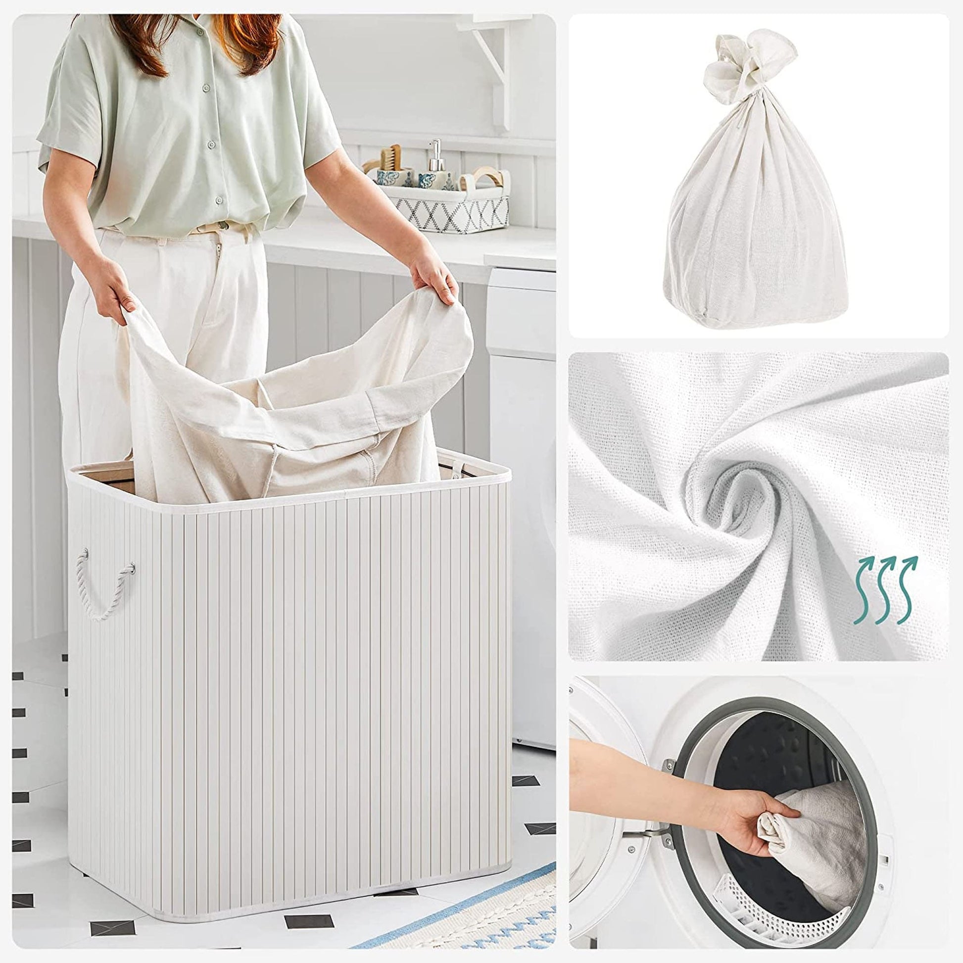 Panier à Linge 150L, Corbeille Linge Sale 3 Compartiments de Tri, Couvercle en Bambou, Poignées, Pliable, SONGMICS, 3
