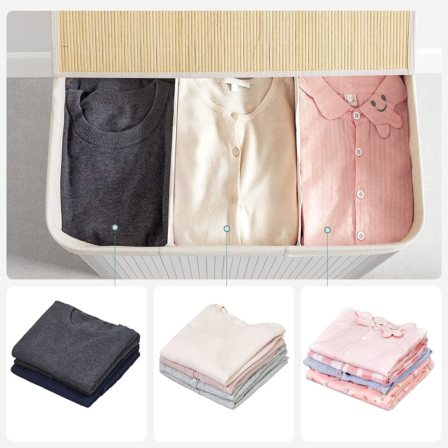 Panier à Linge 150L, Corbeille Linge Sale 3 Compartiments de Tri, Couvercle en Bambou, Poignées, Pliable, SONGMICS, 4