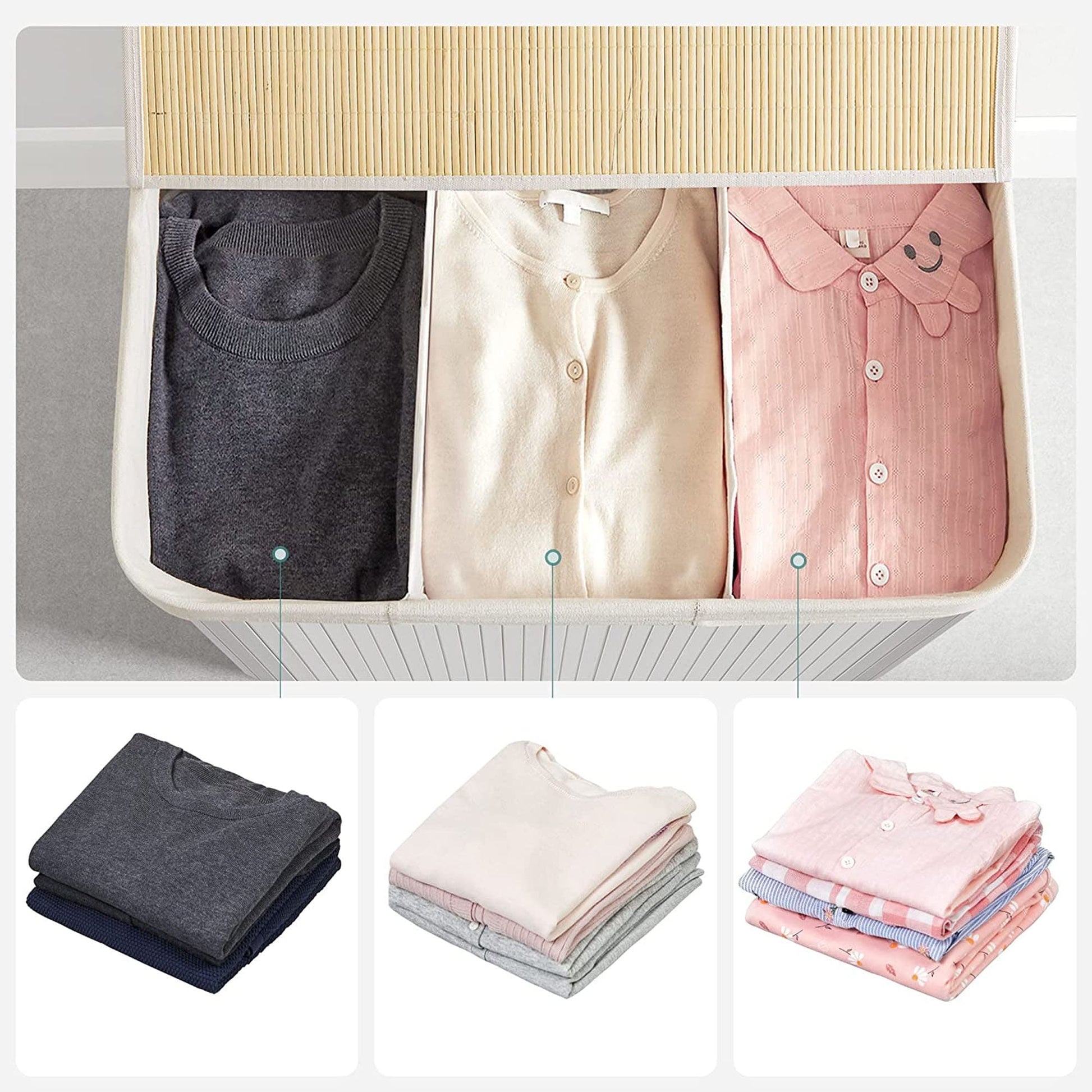 Panier à Linge 150L, Corbeille Linge Sale 3 Compartiments de Tri, Couvercle en Bambou, Poignées, Pliable, SONGMICS, 4