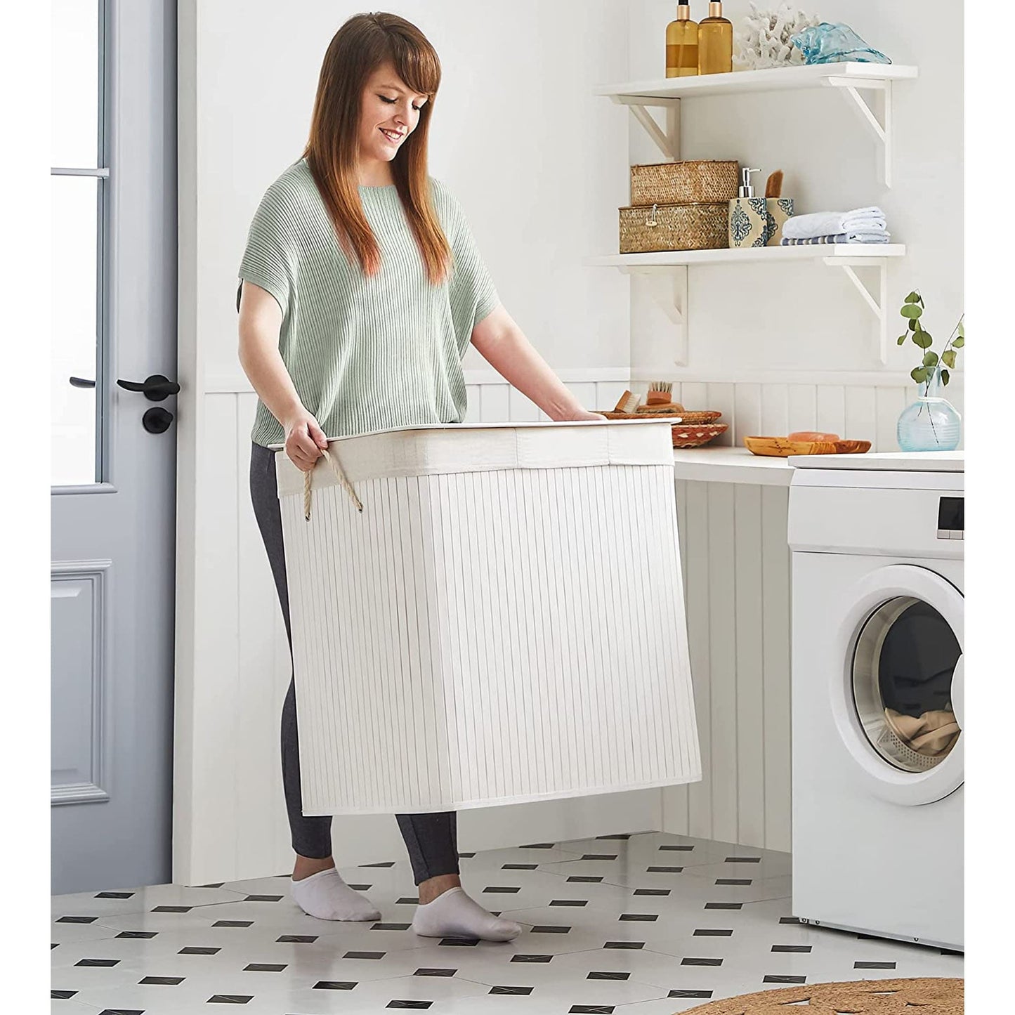 Panier à Linge 150L, Corbeille Linge Sale 3 Compartiments de Tri, Couvercle en Bambou, Poignées, Pliable, SONGMICS, 6