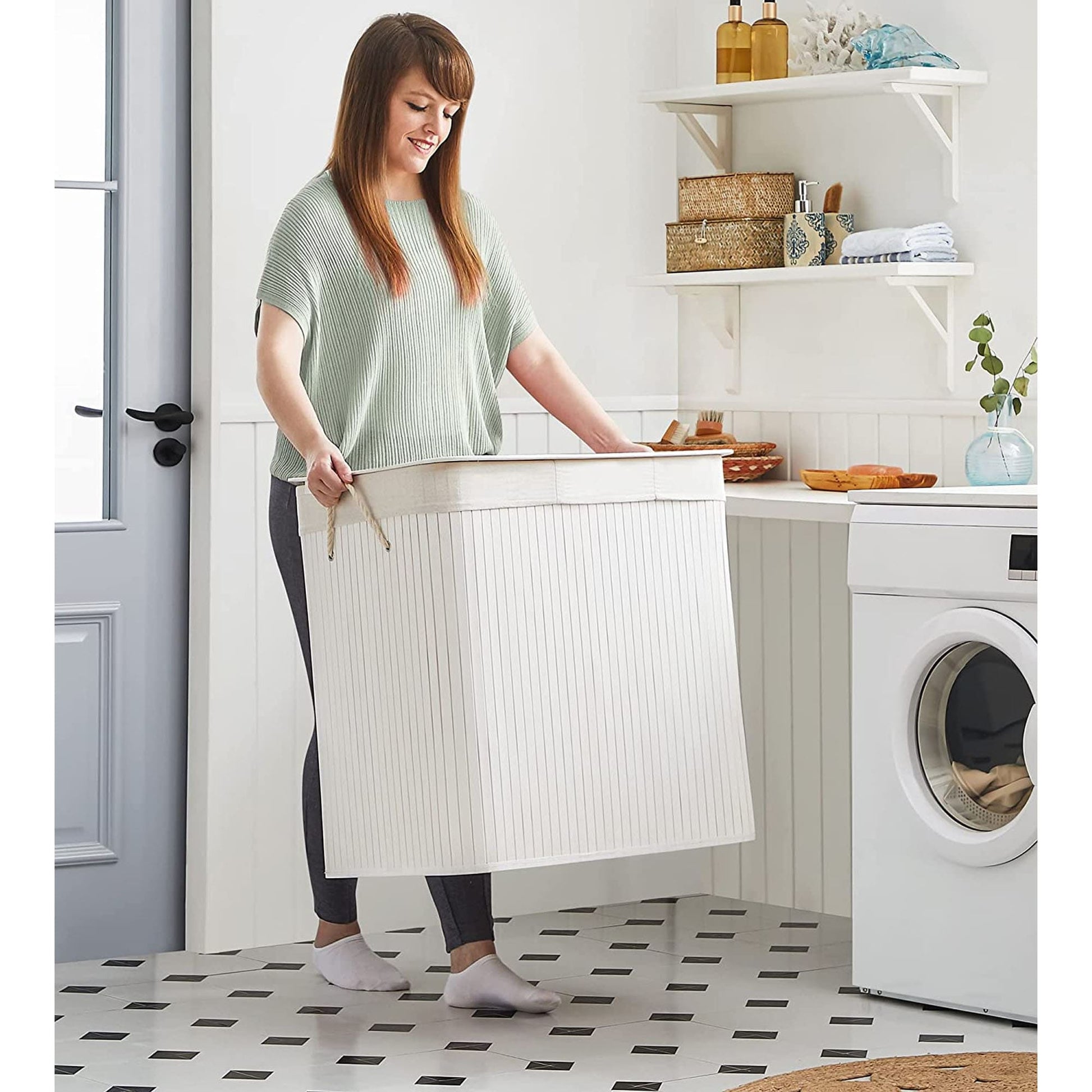 Panier à Linge 150L, Corbeille Linge Sale 3 Compartiments de Tri, Couvercle en Bambou, Poignées, Pliable, SONGMICS, 6