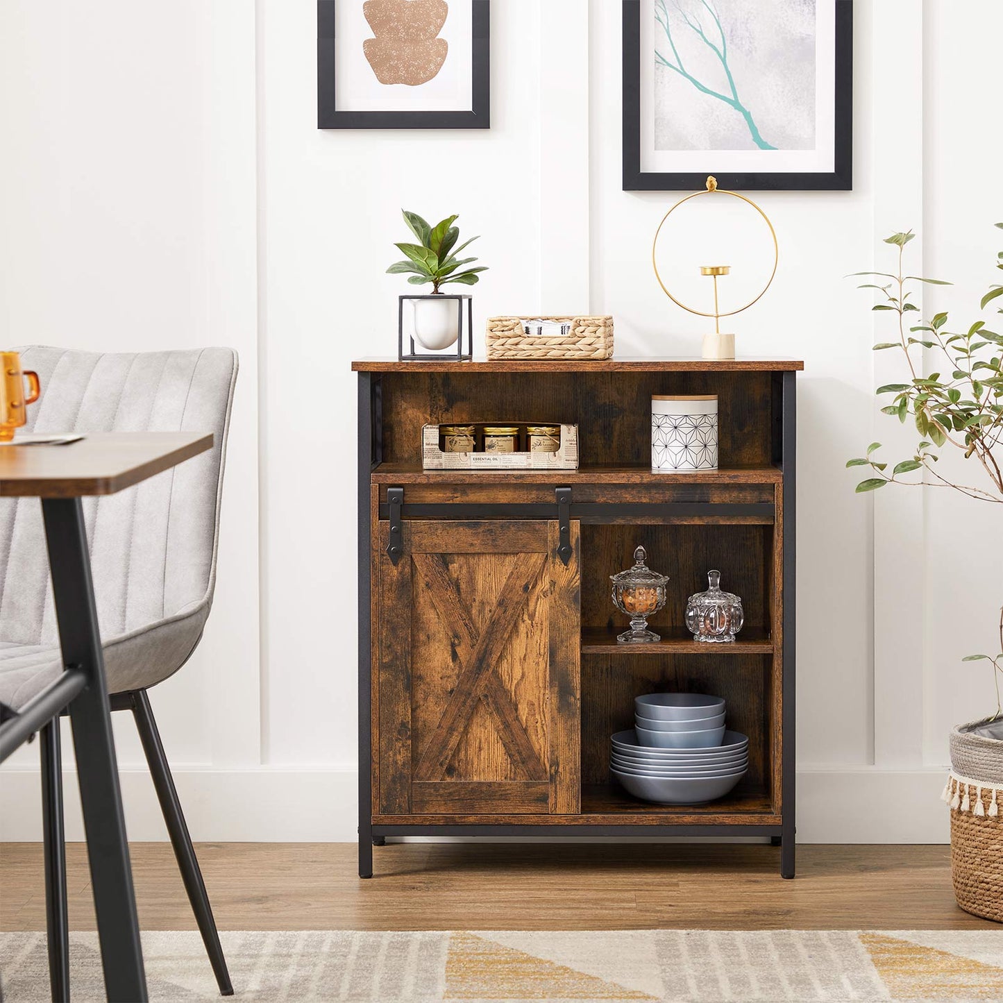 Buffet, Placard de Cuisine, avec porte coulissante, compartiment ouvert, design industriel, 70x30x80 cm, VASAGLE, 3
