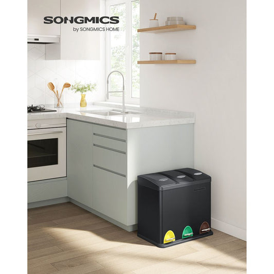 Poubelle Cuisine, Poubelle de Tri 3 x 8L, avec Couvercles, Poubelle Triple en Acier pour Les Petites Familles, SONGMICS, 1