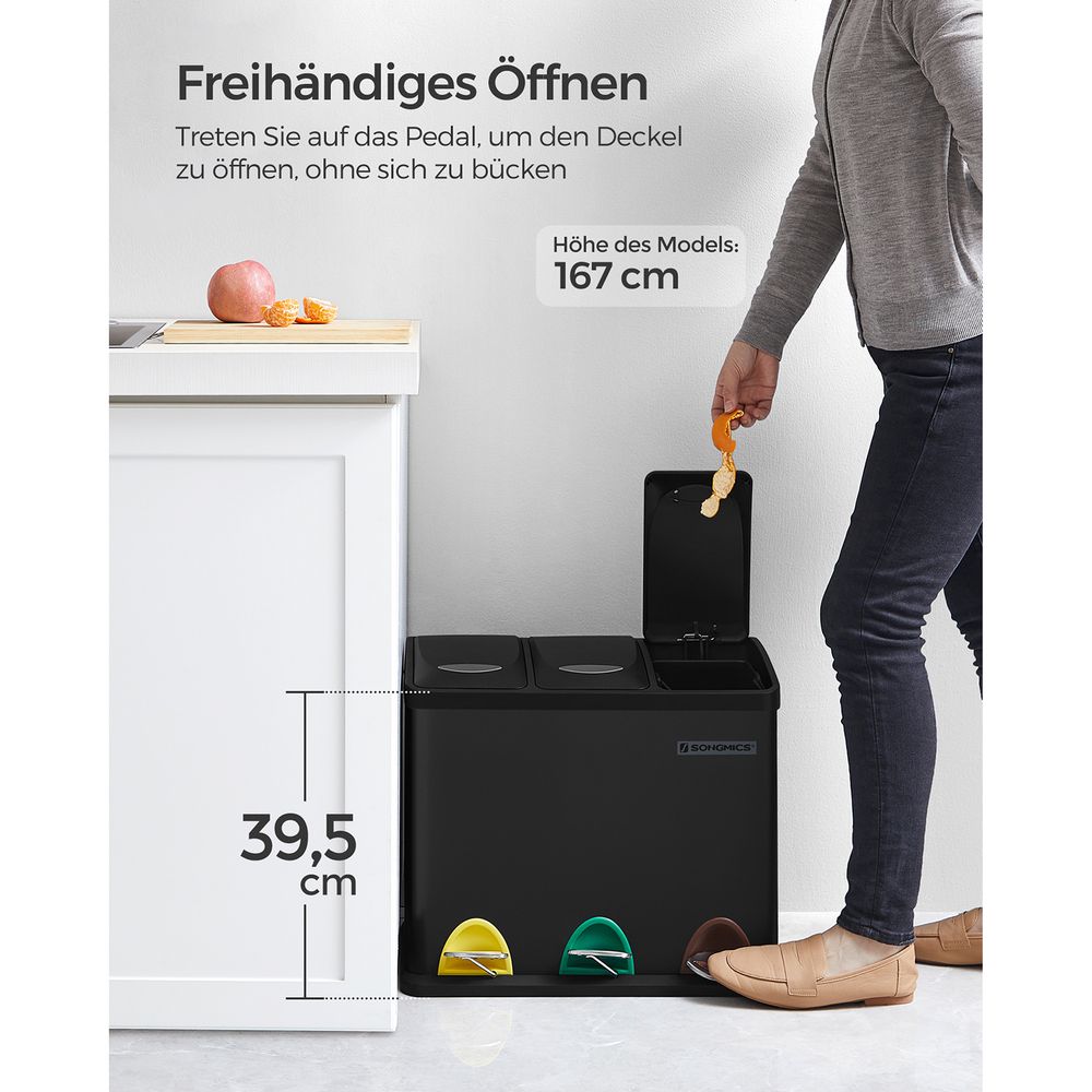 SONGMICS - Poubelle Cuisine, Poubelle de Tri 3 x 8L, avec Couvercles, Poubelle Triple en Acier pour Les Petites Familles, Pédales et Seaux