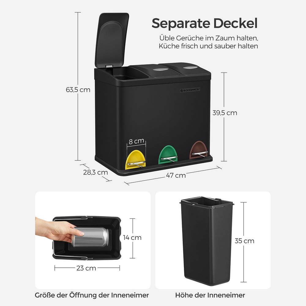 Poubelle Cuisine, Poubelle de Tri 3 x 8L, avec Couvercles, Poubelle Triple en Acier pour Les Petites Familles, SONGMICS, 5