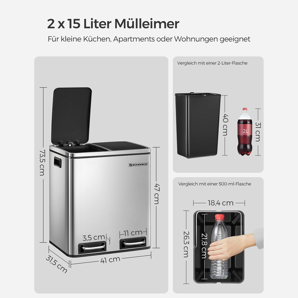 Poubelle Tri Sélectif 2 Bacs, 2 x 15L, Poubelle Double, 2 Compartiments, avec Seaux Intérieurs et Poignées, SONGMICS, 5