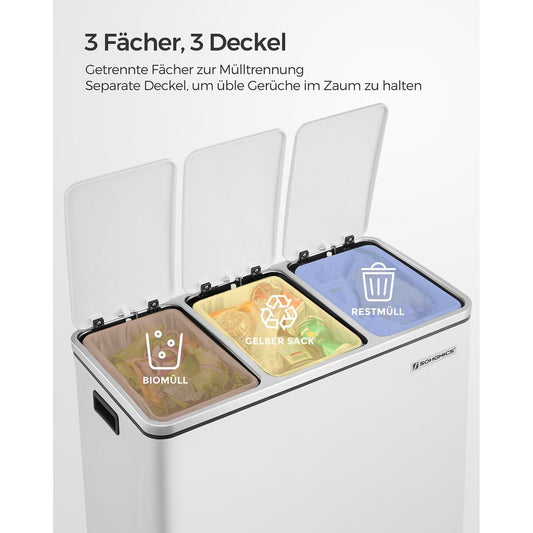 Poubelle Tri Sélectif 3 Bacs, 3 x 18L, Poubelle 3 Compartiments, avec Seaux Intérieurs et Poignées, SONGMICS, 1