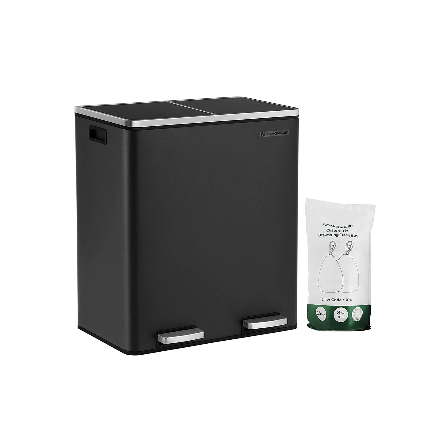 Poubelle Cuisine Tri Sélectif 2 x 30 L, 2 Seaux en Plasatique, avec 15 Sacs Poubelles, Pédales en Métal, SONGMICS, 5