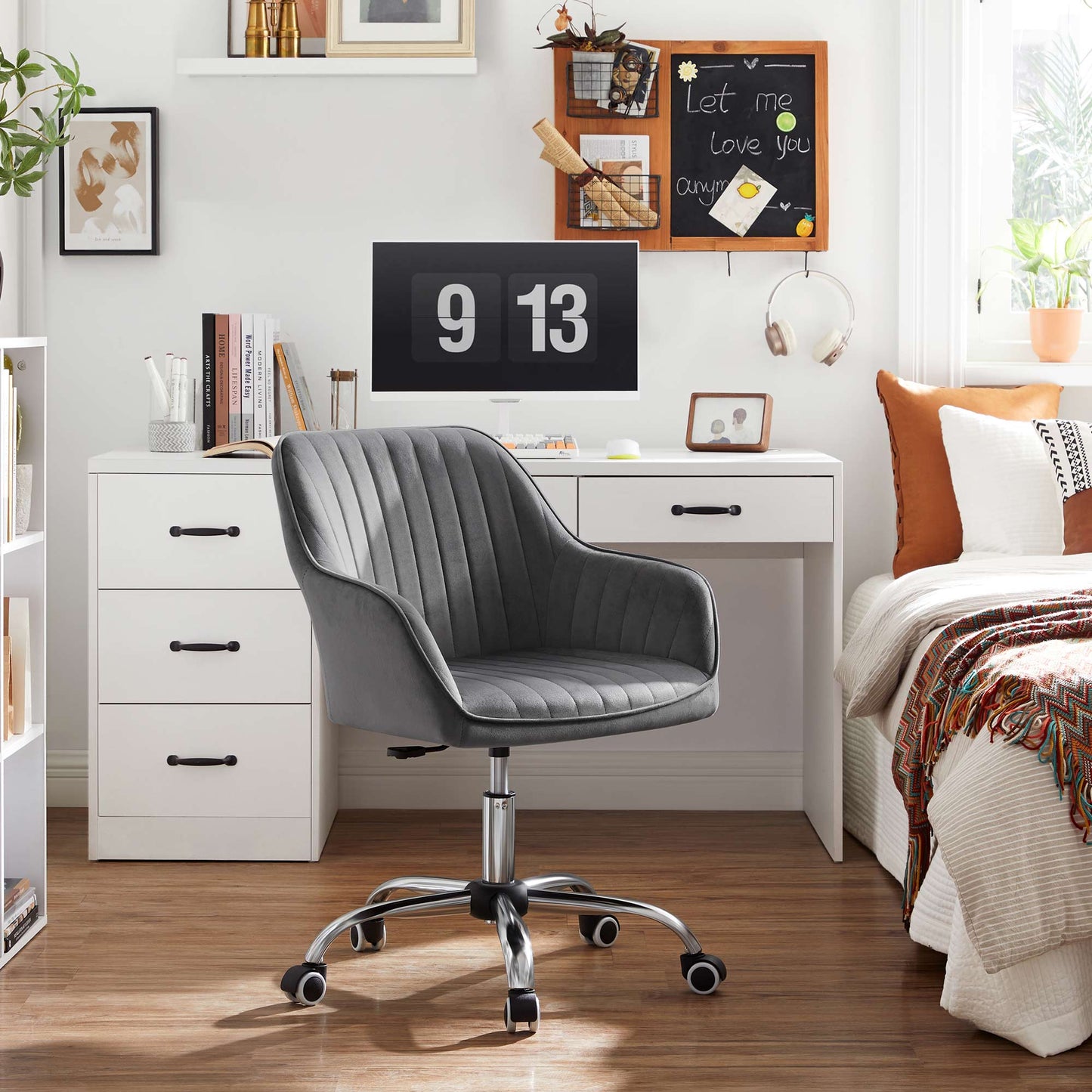 Chaise de bureau en velours, Surface en Tissu Velours, Fauteuil pivotant, Siège Ergonomique, SONGMICS