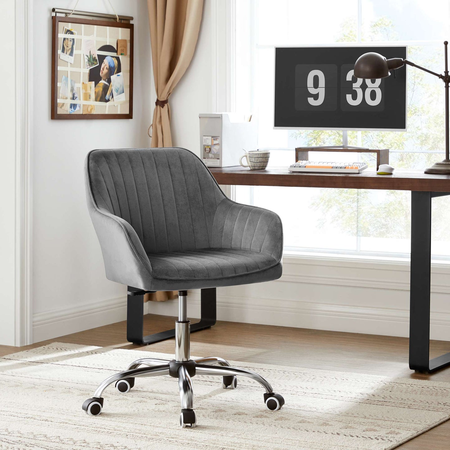 Chaise de bureau à roulettes, en Tissu Velours, Gris Clair - SONGMICS