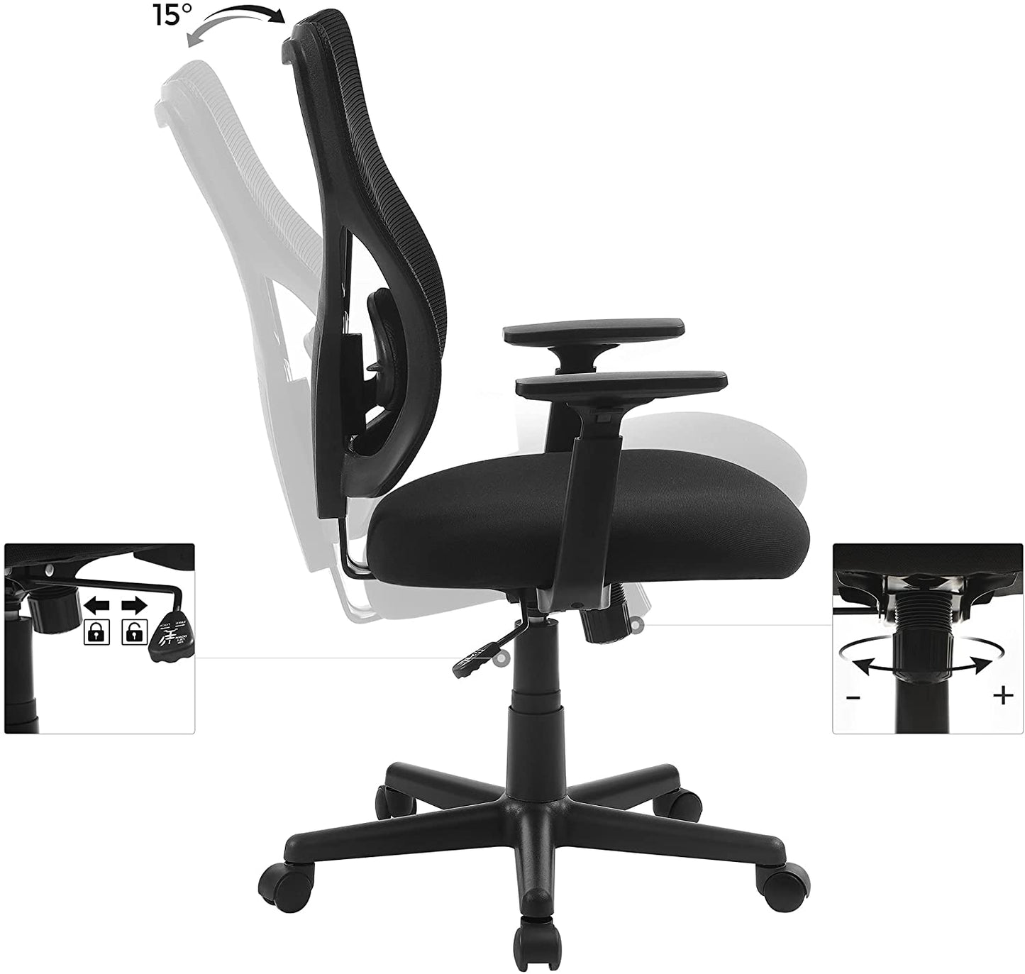 Chaise de bureau, appui-tête réglable, dossier anatomique étroit avec courbure prononcée au niveau lombaire, SONGMICS