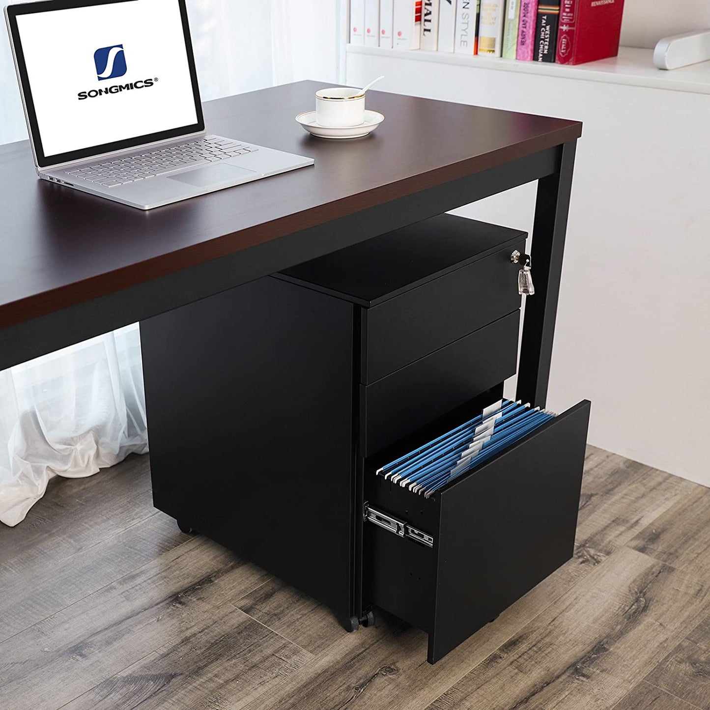 Caisson de bureau, roulettes, 3 tiroirs, classeur suspendu, Armoire de bureau, pour dossiers & documents, SONGMICS