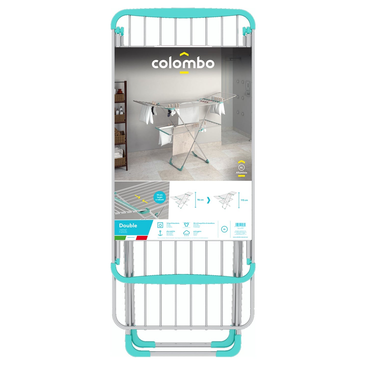 Étendoir intérieur pliable a deux niveaux avec ailes 30m, Aluminium anodisé antirouille, Léger et Robuste, Fabriqué en Italie.