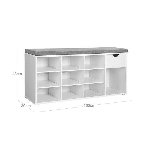 Banc à Chaussures, Banc de Rangement, avec tiroir et Compartiments Ouverts, Étagère à Chaussures, Blanc, VASAGLE, 2