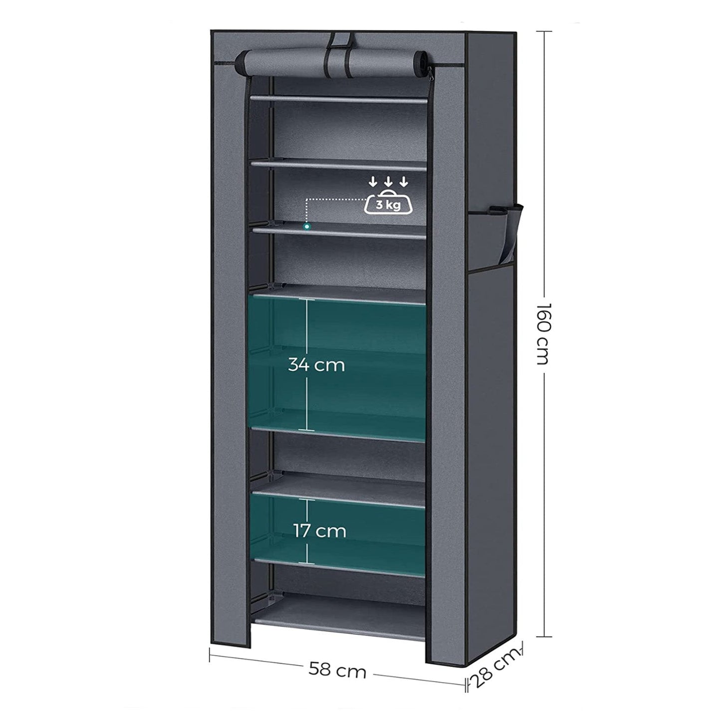 SONGMICS - Armoire/étagères à chaussures 10 couches avec housse 27 paires de chaussures Gris 58 x 28 x 160 cm