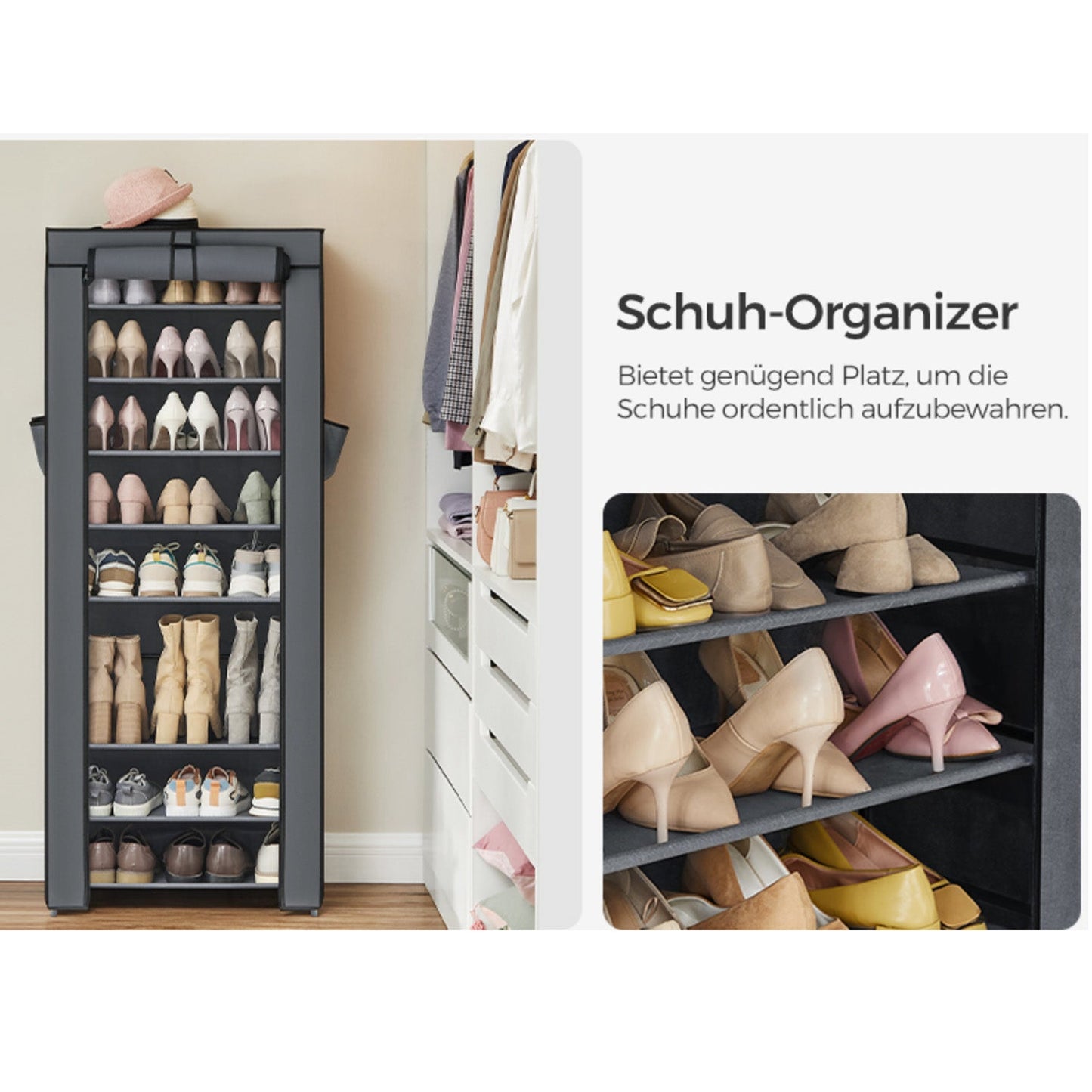 SONGMICS - Armoire/étagères à chaussures 10 couches avec housse 27 paires de chaussures Gris 58 x 28 x 160 cm