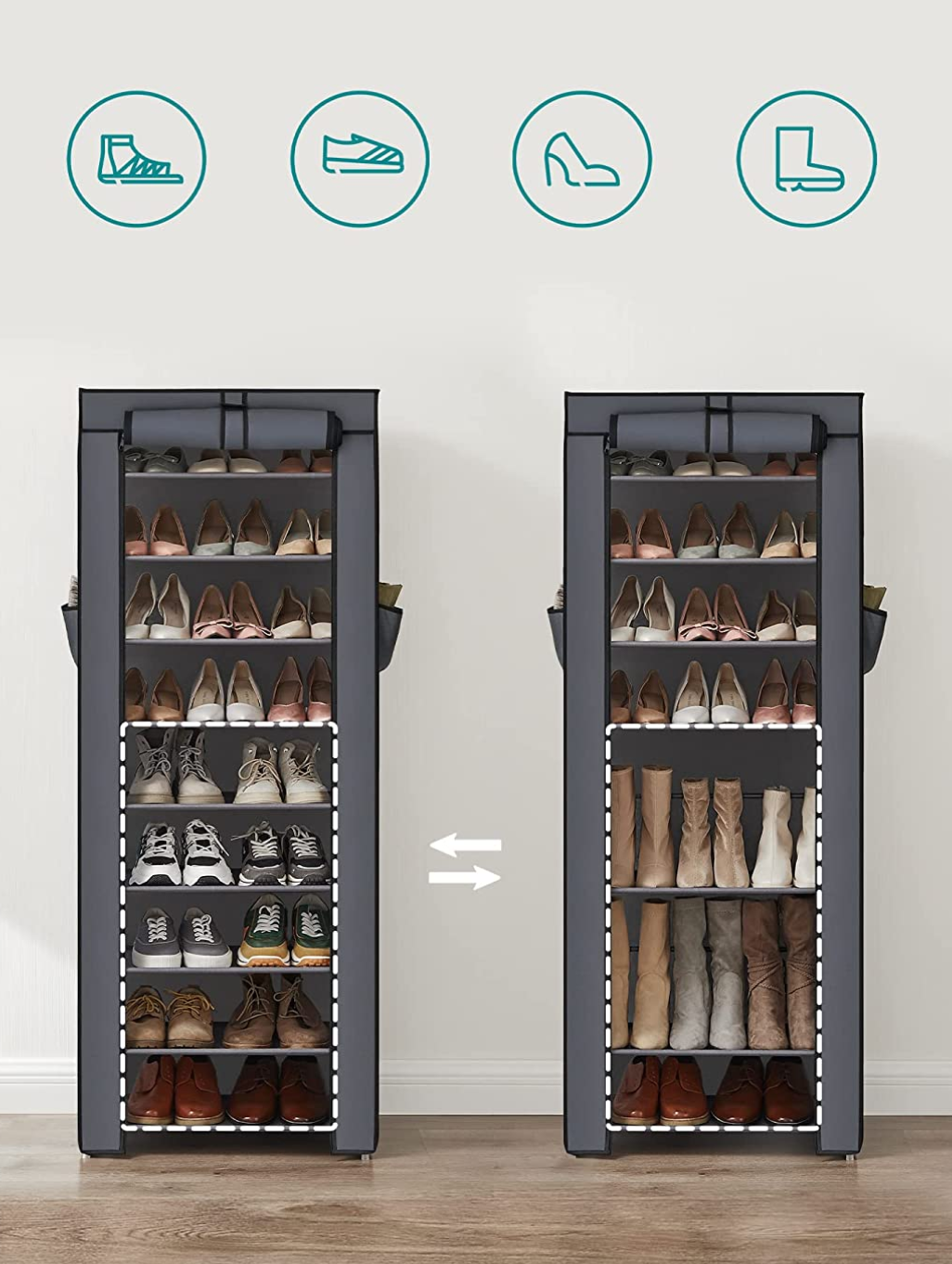 SONGMICS - Armoire/étagères à chaussures 10 couches avec housse 27 paires de chaussures Gris 58 x 28 x 160 cm