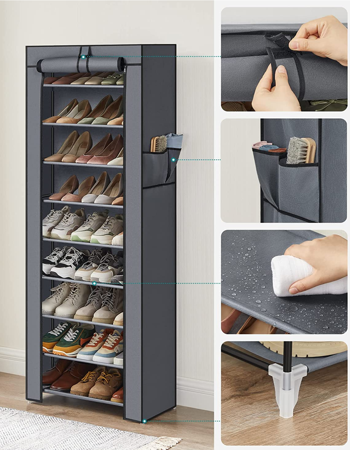 SONGMICS - Armoire/étagères à chaussures 10 couches avec housse 27 paires de chaussures Gris 58 x 28 x 160 cm