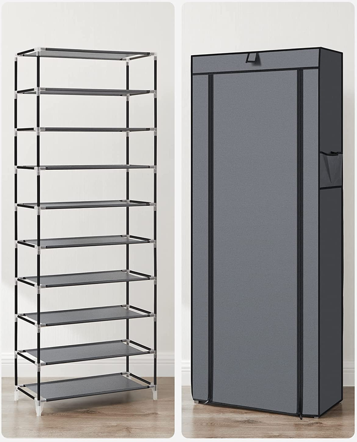 SONGMICS - Armoire/étagères à chaussures 10 couches avec housse 27 paires de chaussures Gris 58 x 28 x 160 cm