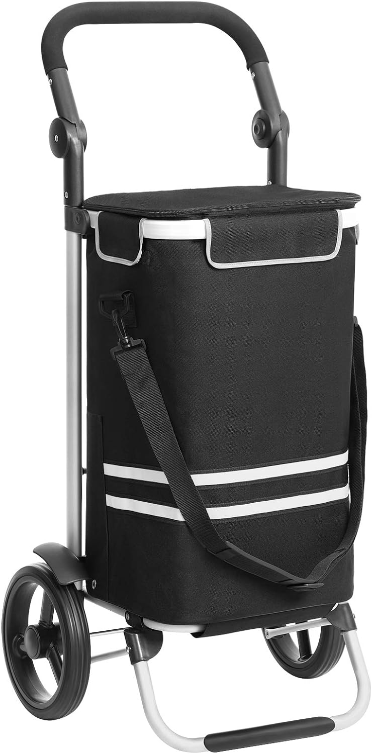 Caddie de Course, 35L, Chariot de Course Solide, Chariot de Courses, Pliable, avec Sac Isotherme, roulettes, Noir, 9