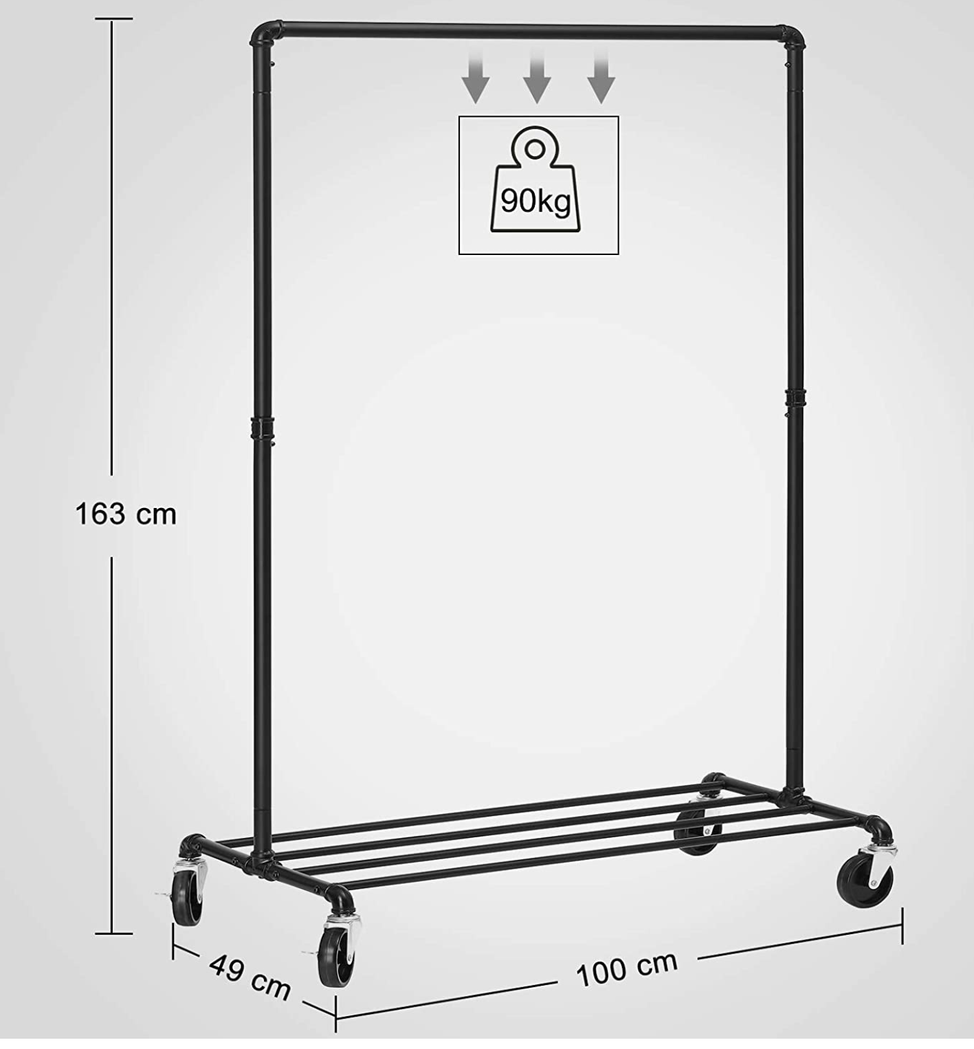 Porte-vêtement à roulettes, Charge 90 kg, Une Barre métallique, Étagère Robuste, Noir, SONGMICS, 1