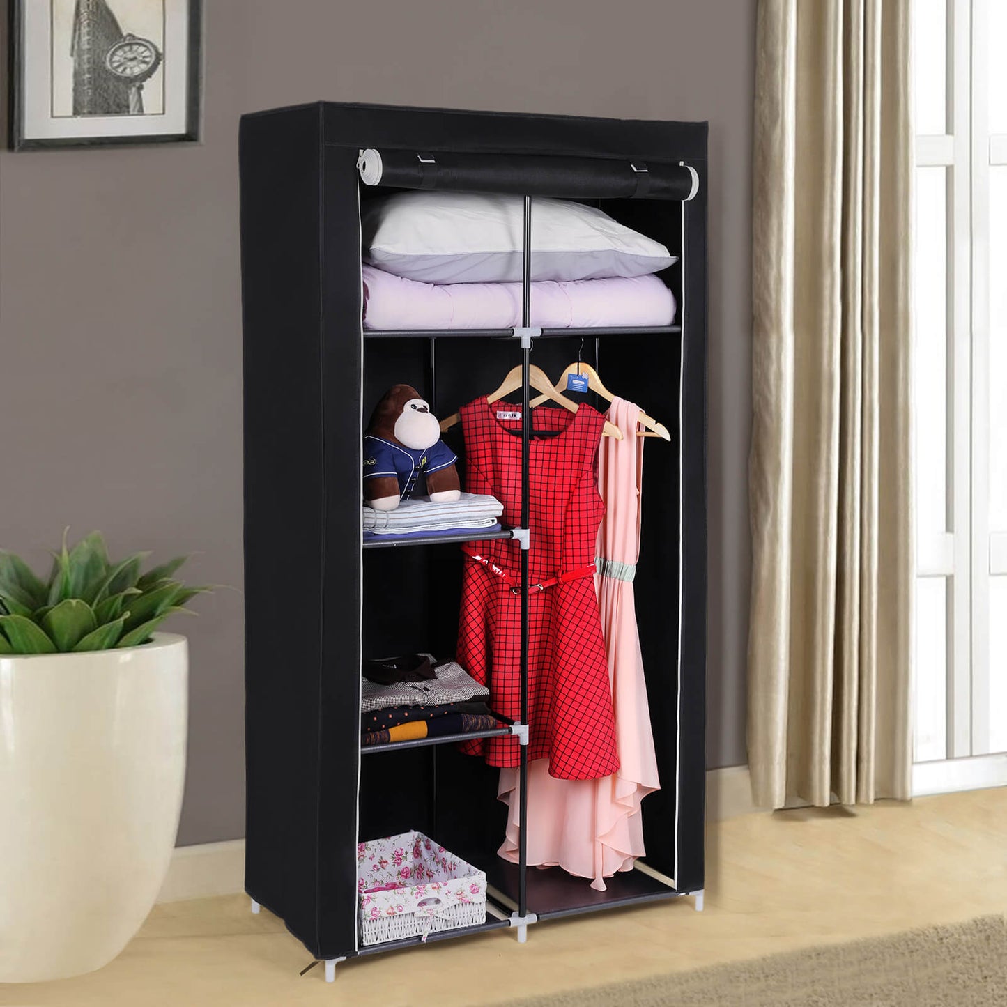 Armoire de Rangement, Penderie, Dressing en Tissu Non-tissé, Porte-Manteau DIY, 170 x 88 x 45 cm, Noir, SONGMICS, 3
